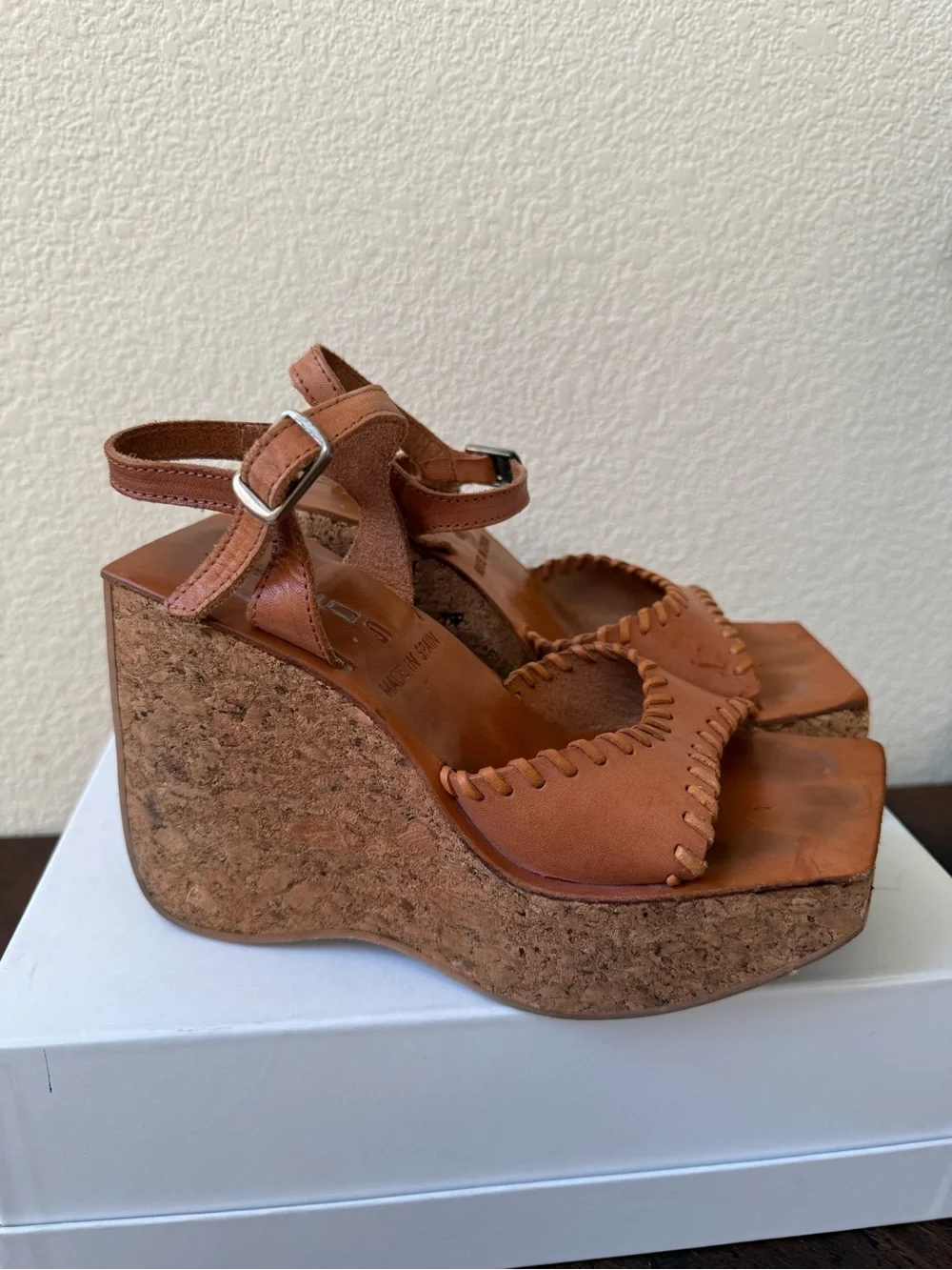 VTG 90s  Sonax Spain Cork Platform Wedge Sandals EU 36 US 5.5-6 Cognac Leather - Picture 2 of 14